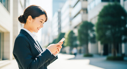 A businesswoman smiling while looking at her smartphone outdoors