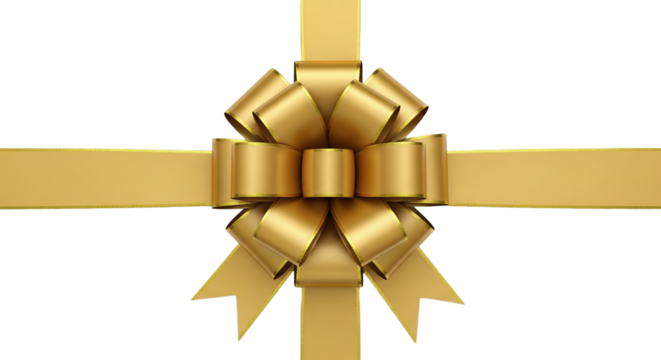 Elegant golden gift bow with shiny ribbon, a realistic decorative element for presents and celebrations. Isolated on transparent background, png