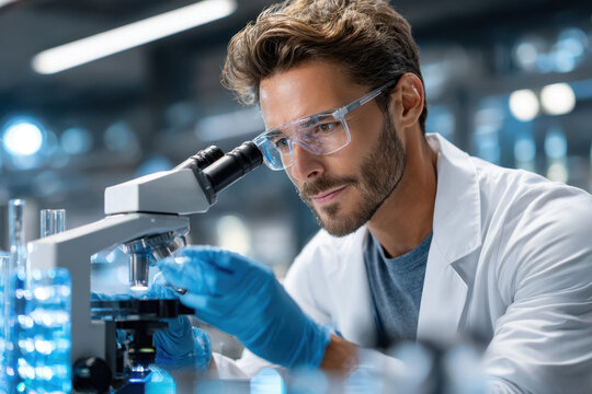 Scientist conducting research with microscope in modern laboratory setting
