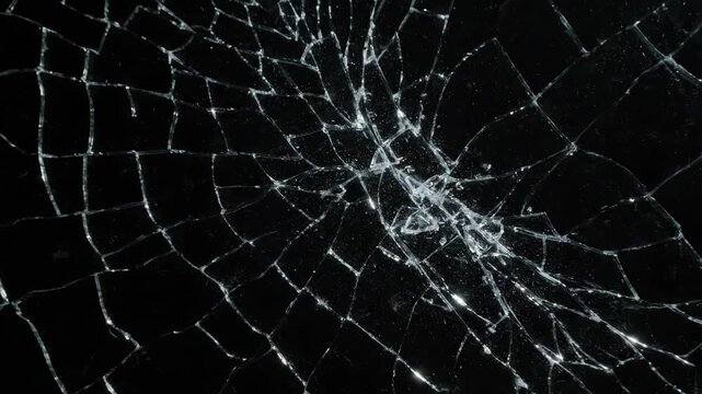 Shattered glass with intricate crack pattern, dark background, abstract.
