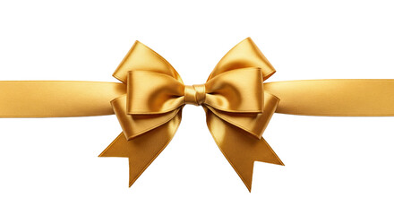 Elegant golden satin ribbon bow for gift wrapping, anniversary, or holiday celebration decoration, presented horizontally. Isolated on transparent background, png