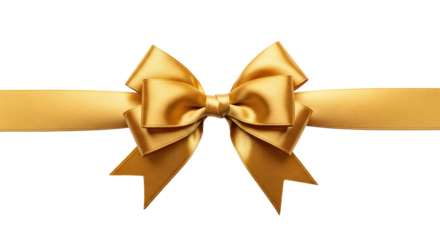 Elegant golden satin ribbon bow for gift wrapping, anniversary, or holiday celebration decoration, presented horizontally. Isolated on transparent background, png