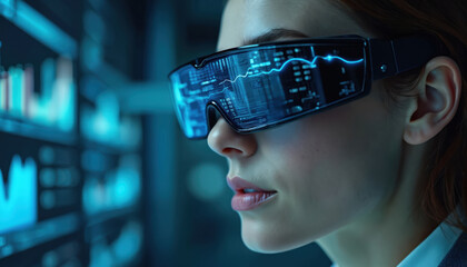 Businesswoman in AR glasses analyzes financial data on virtual display. Female analyst works with futuristic interface, monitoring stock market charts. AI assists with big data for business