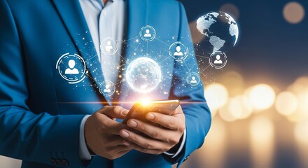A man in a blue suit interacts with a smartphone, surrounded by digital icons representing global connectivity.
