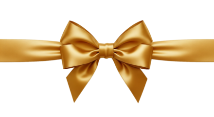 A realistic golden satin gift bow with a ribbon tied in a perfect knot for wrapping presents and festive decorations. Ideal for holidays. Isolated on transparent background, png