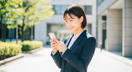 A businesswoman smiling while looking at her smartphone outdoors