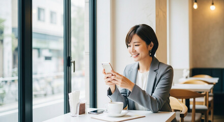 A female businessman smiling while looking at his smartphone in a cafe