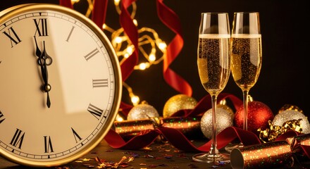 New Year's Eve countdown to midnight with a clock and two glasses of champagne. An elegant and festive scene with sparkling decorations, perfect for holiday party invitations and greetings.