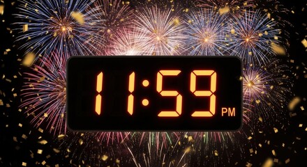 Digital clock at 11:59 PM with fireworks and confetti. Captures the last minute of anticipation before the New Year countdown. Perfect for party flyers or event announcements.