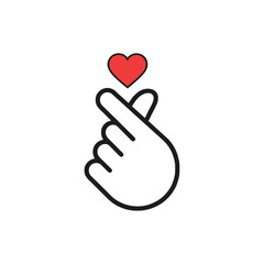 Obraz premium Hand Heart Sign with Red Heart, Love gesture icon logo flat vector design