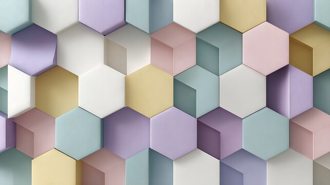 Soft pastel hexagonal cubes create a textured geometric pattern with subtle shadows