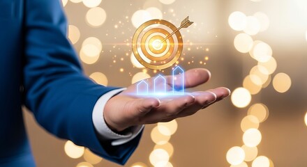 A business professional in a blue suit holds a glowing target and graph indicator, symbolizing success and growth.