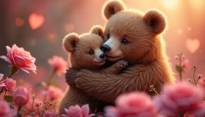 Mama bear hugs baby bear tenderly. Bears embrace warmly in pink rose garden. Cute animals share love on mothers day. Sweet moment shows family bond.