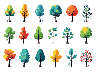 Obraz premium Colorful tree icon set vector illustration of different seasonal trees