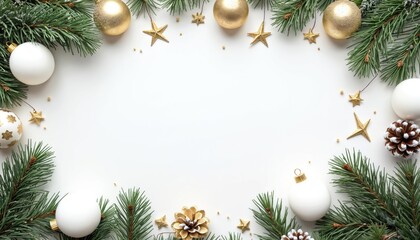 White and gold ornaments, pine branches, and pine cones frame empty space for text. Festive natural holiday arrangement with stars creates cheerful winter celebration backdrop. Seasonal decor theme.