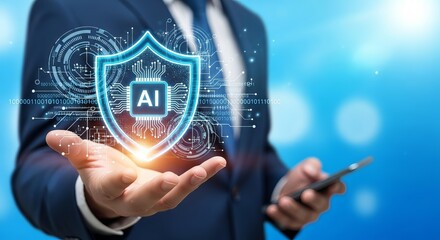 A businessman in a suit holding a smartphone, displaying a glowing AI shield symbolizing cybersecurity.