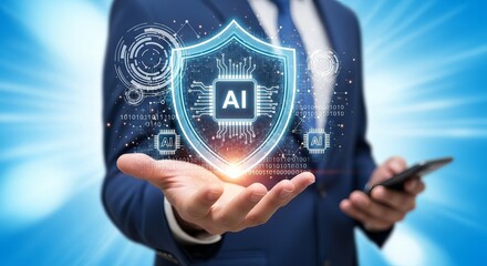 A businessman in a suit holds a smartphone, showcasing a digital shield symbolizing AI protection in a futuristic setting.