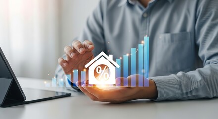 A male businessman analyzing property statistics with digital graphs and a house symbol on a workspace.