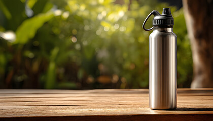 A stainless steel water bottle sits on a wooden table, ready for use