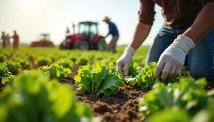 Farmer with white gloves works in sunny field. Person kneels, tending young green plants. Other workers and tractors are busy in background. It is productive day on farm, growing fresh organic food.