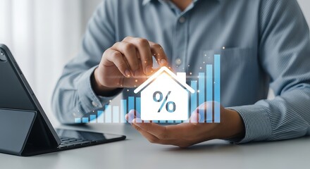 A man analyzing real estate investment trends on a tablet, enhancing a house icon with percentage symbols and growth charts.