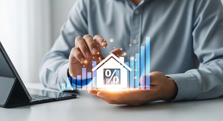 A male professional analyzes real estate data, holding 3D graphs and a house icon in his hands to symbolize market trends.