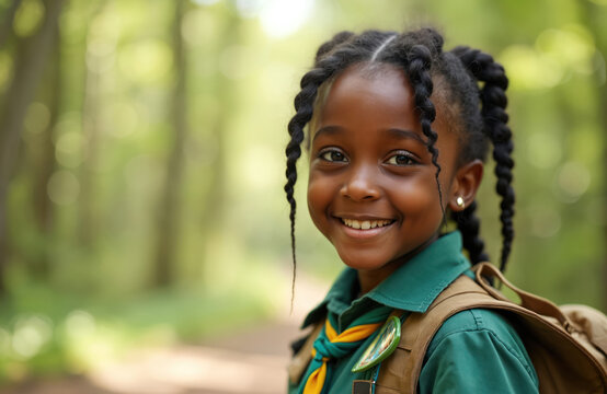 Cute young black girl scout smiles at camera in forest. Wears green uniform, brown backpack, enjoying nature exploration. Child explores wooded trail, experiencing happy outdoor adventure. Little kid