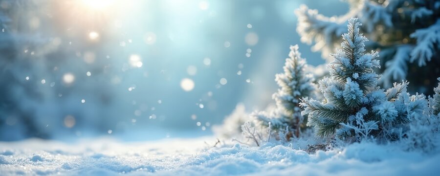 Frosted pine trees stand in soft falling snow under bright sunlight. Winter forest scene with white snowflakes drifting down in blueish light. Peaceful cold nature background.