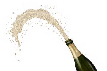 Champagne bottle exploding with sparkling wine splash, creating effervescent stream for celebration and party concepts