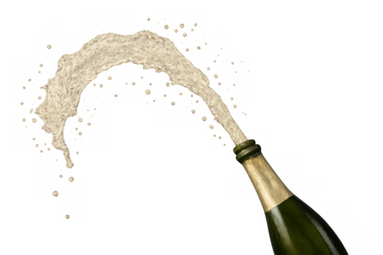 Champagne bottle exploding with sparkling wine splash, creating effervescent stream for celebration and party concepts