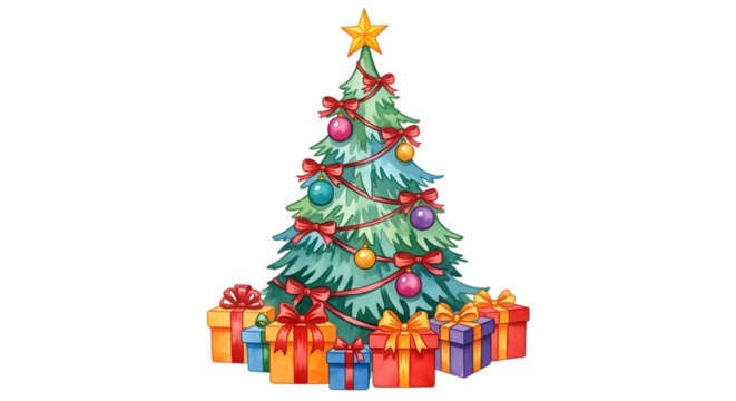 A vibrant and festive christmas tree decorated with colorful ornaments and surrounded by brightly wrapped presents, isolated on a transparent background