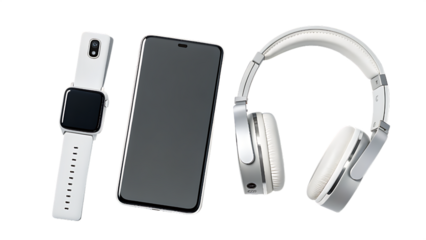 Modern tech essentials smart watch phone and headphones set against a neutral backdrop for lifestyle visuals