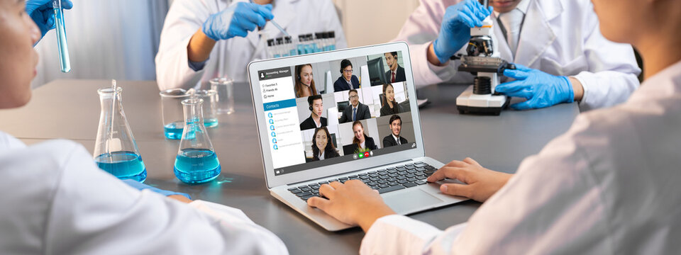 Business people on video conference for brisk virtual group meeting of corprate business office workers