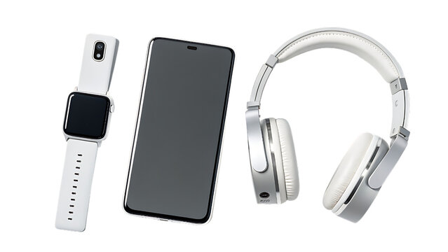 Modern tech essentials smart watch phone and headphones set against a neutral backdrop for lifestyle visuals - Powered by Adobe