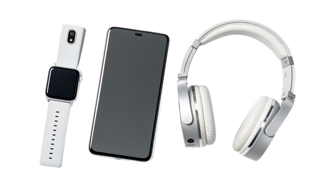 Modern tech essentials smart watch phone and headphones set against a neutral backdrop for lifestyle visuals