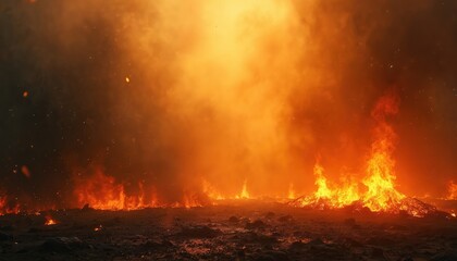 Fiery landscape with burning ground and smoke clouds. Intense orange and yellow flames rise from dark rough terrain. Glowing embers float in hazy air.