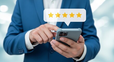 A middle-aged Asian man in a blue suit reviews an app on his smartphone, showcasing five stars for an excellent experience.