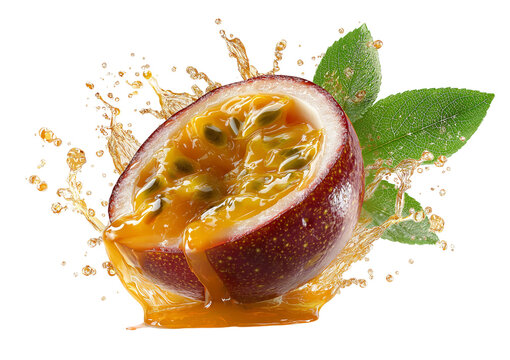 Passion fruit splash with juice and leaves isolated on a transparent background