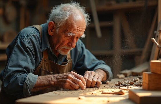 Elderly man works with wood in his workshop. He carefully shapes a small piece with his hands. Dust particles float in the air around his focused face. His hands show experience and skill. - Powered by Adobe