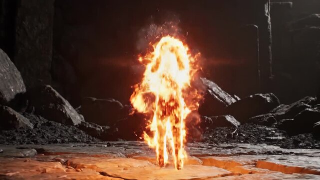 Mystical fire elemental golem creature in a dark rocky landscape.