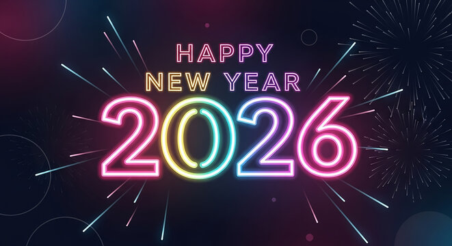 Happy new year 2026 festive celebration with neon fireworks