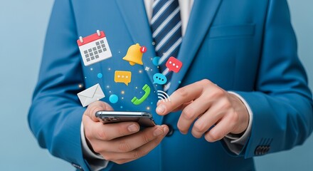 A young mixed-race man in a blue suit interacts with a smartphone, showcasing colorful icons representing communication and organization.