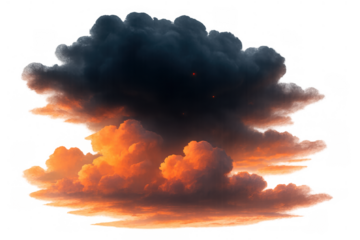 Dramatic dark cumulus clouds and orange sunset sky smoke effect, transparent background, natural weather phenomenon