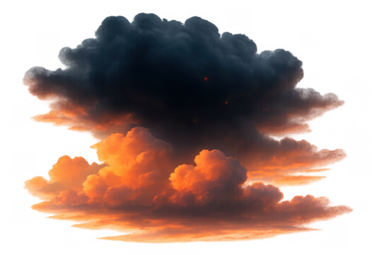 Dramatic dark cumulus clouds and orange sunset sky smoke effect, transparent background, natural weather phenomenon