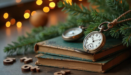 Vintage pocket watches rest on old books with spruce branches creating a festive holiday mood. Wooden numbers are scattered near the timepieces, suggesting Christmas or New Year celebrations.