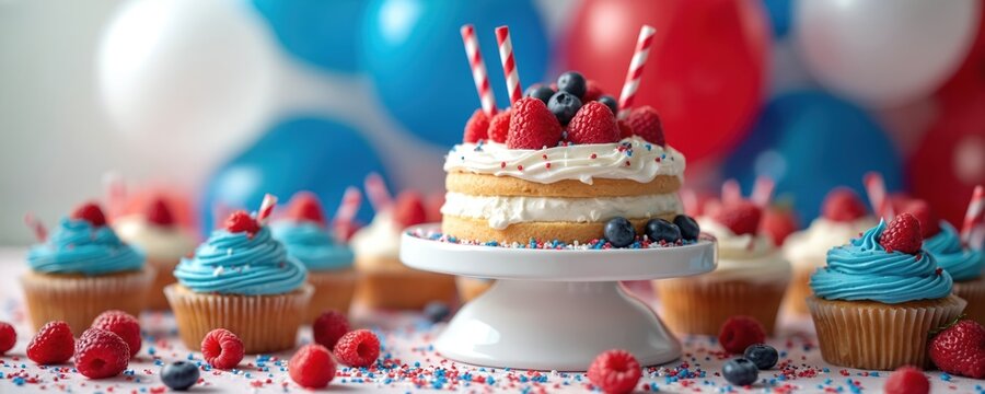 Red white blue theme cake and cupcakes with berries arranged for American holiday celebration. Festive party food, patriotic desserts, summer picnic treats, gathering with friends, family.