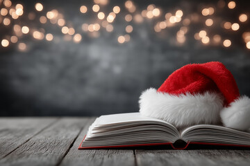 An open book sits on a wooden table, topped with a red Santa hat. Soft bokeh lights create a warm, festive atmosphere perfect for learning about holiday budgeting and savings