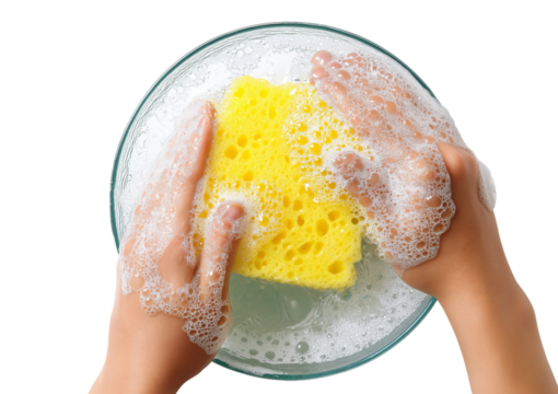 Hands washing dishes with sponge isolated on a transparent background - Powered by Adobe