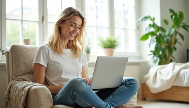 Happy woman working remotely on laptop at home. Smiling student sits in cozy armchair studying online in bright living room. Female freelancer enjoys freelance job, distance education internet