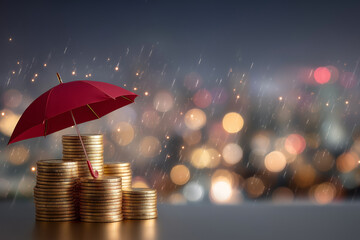 A red umbrella shields a stack of coins from rain, symbolizing financial security and asset protection. The urban background adds a modern touch to the scene